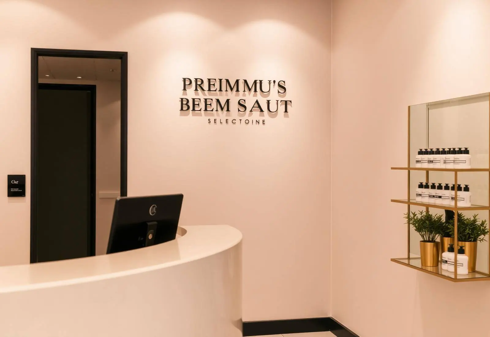 LUMÉ reception with cream plaster walls and brass product shelving