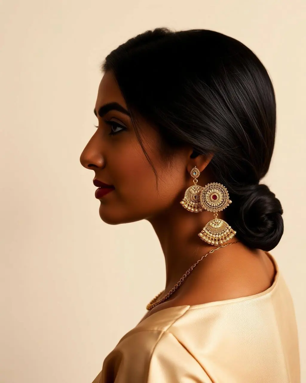 Sleek low chignon with gold jhumka earrings