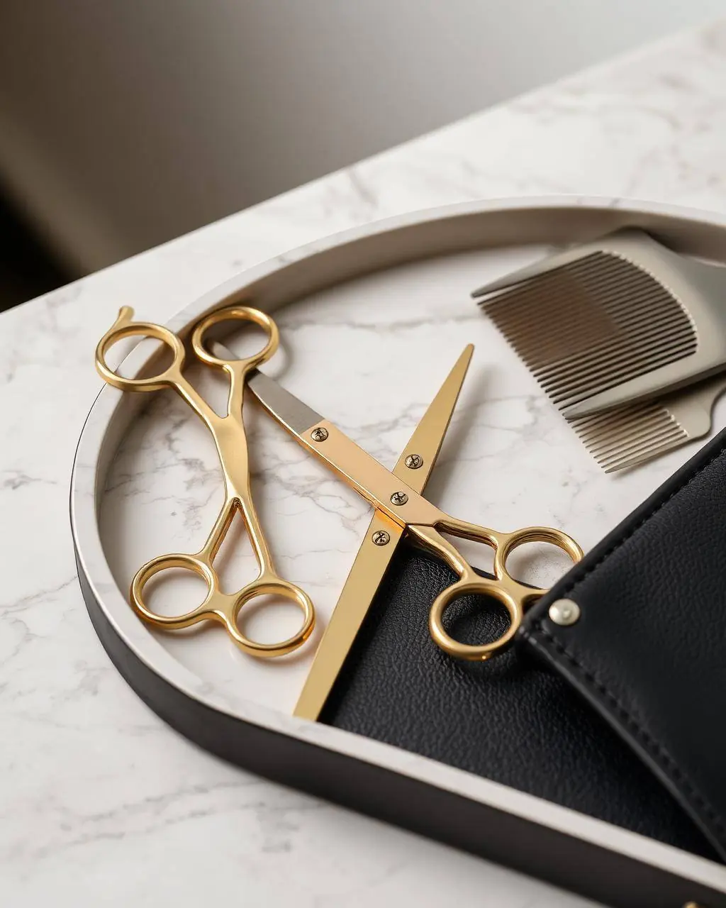 Brass shears and comb on a marble tray