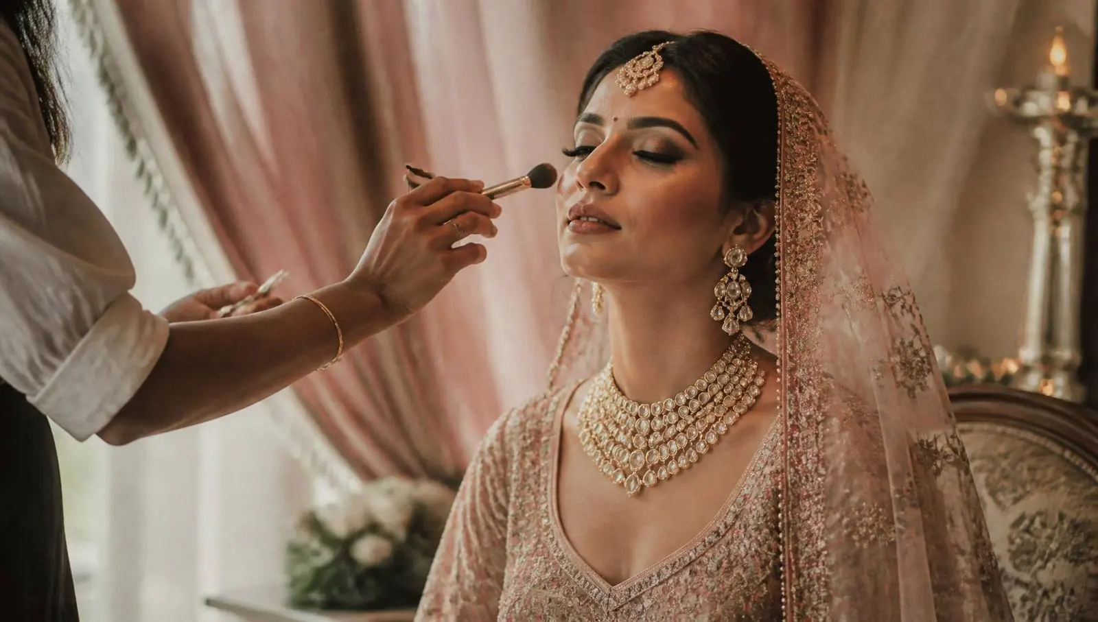 Indian bride having makeup applied in soft window light