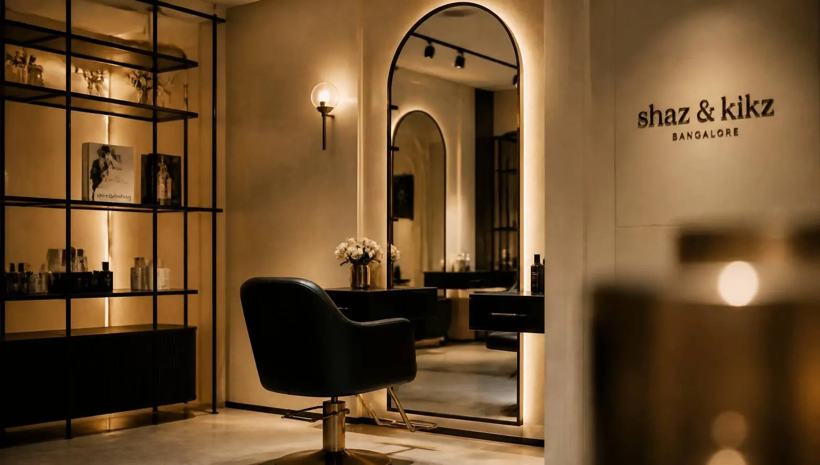 Interior of the LUMÉ salon with cream walls and arched mirrors