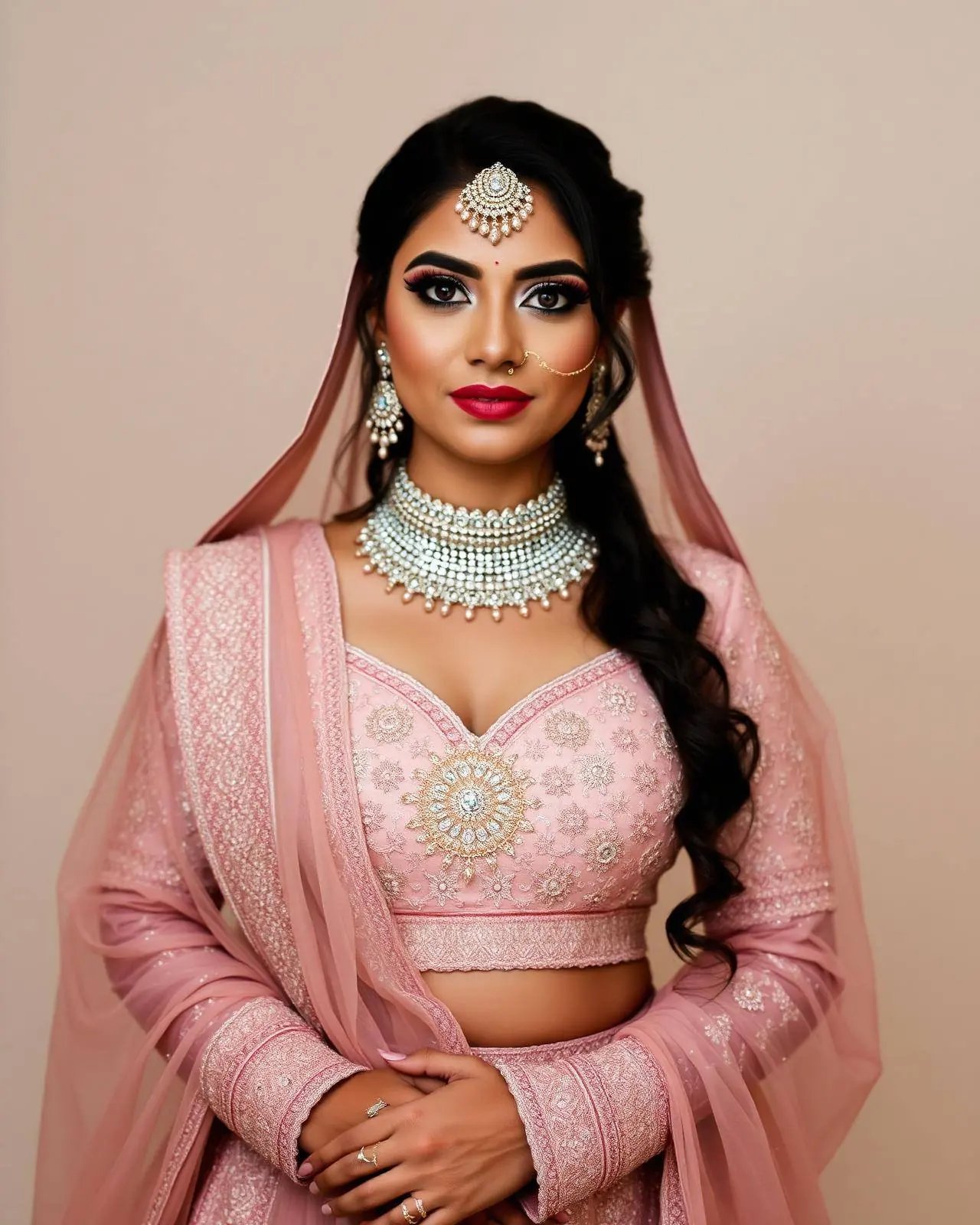 Bride in a blush lehenga with soft bridal makeup