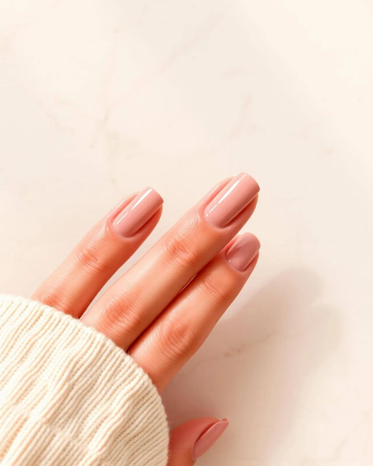 Nude blush manicure on cream marble