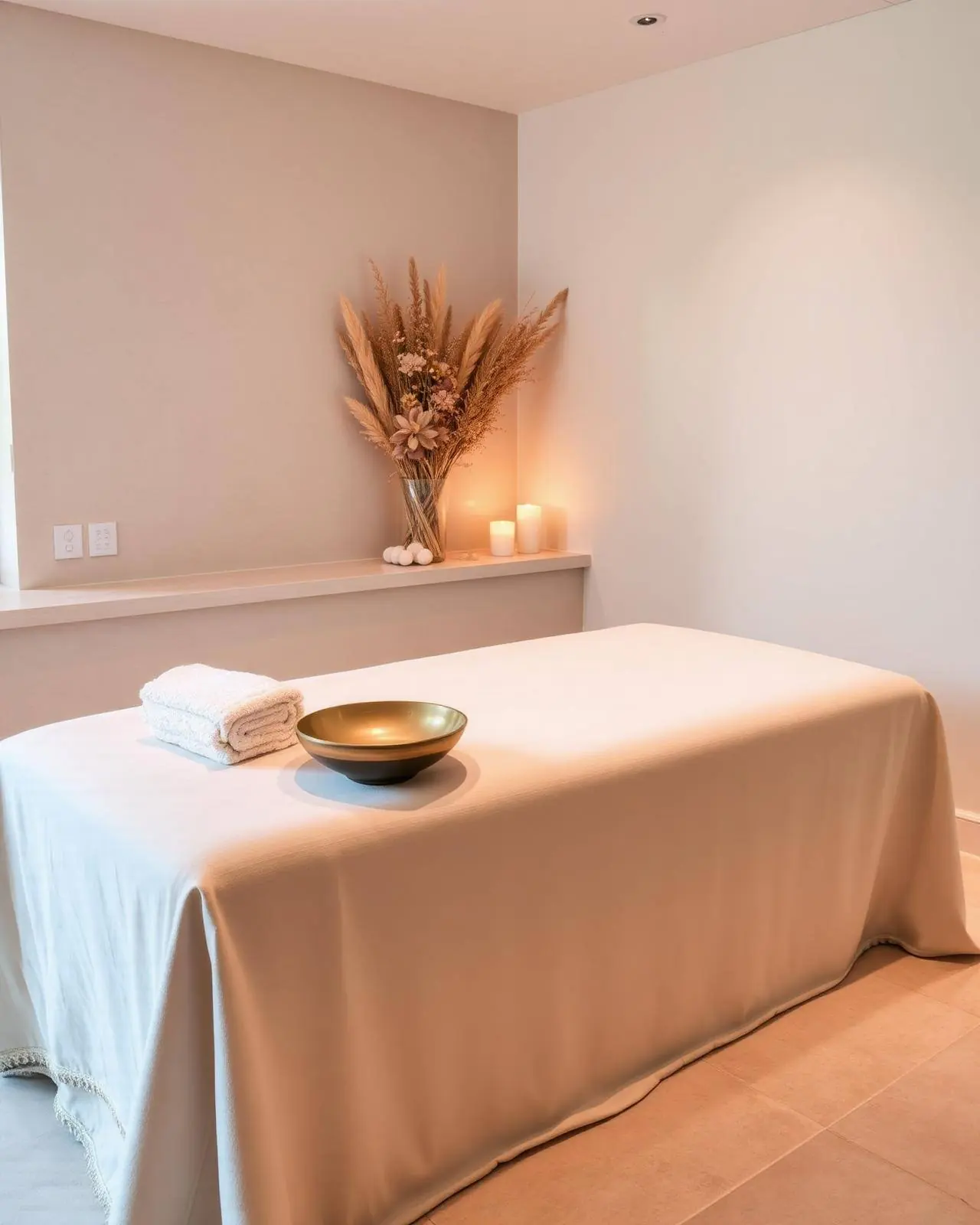 Spa suite with linen and brass bowl
